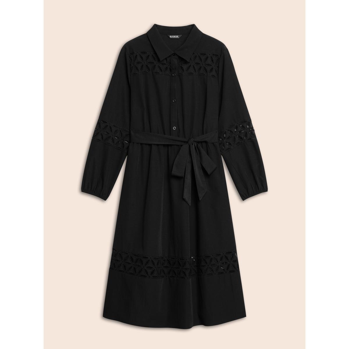 Plus Size Solid Button Up Woven Ribbon Dress Black Women At the Office Woven ribbon&lace trim Shirt collar Long Sleeve Curvy BloomChic 30/6X Product Image