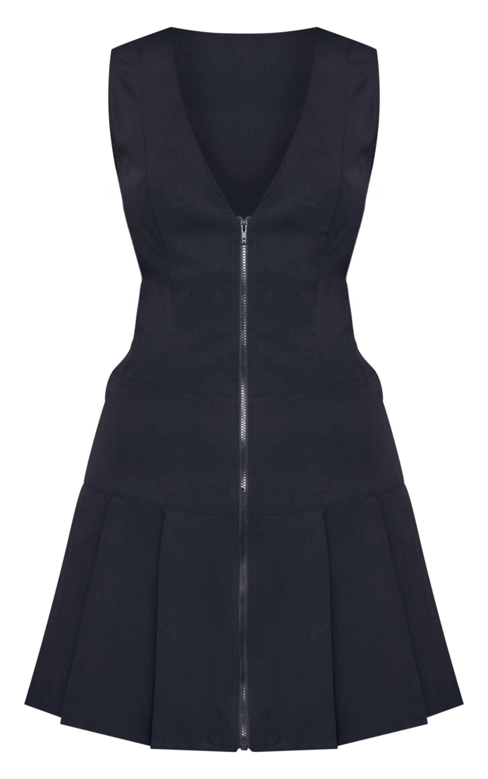 Black Tailored Woven Zip Pleated Shift Dress Product Image