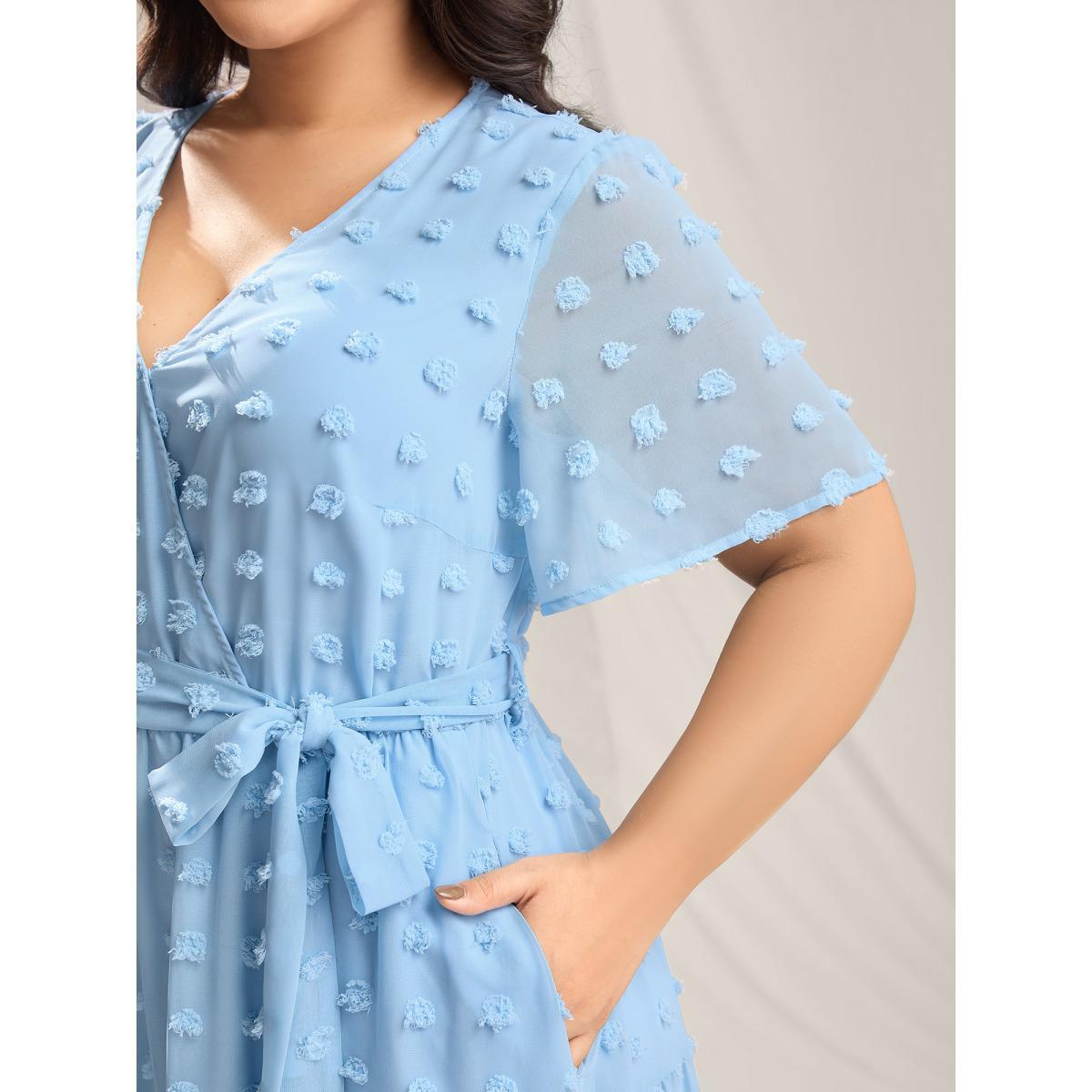 Plus Size Fur Ball Textured Mesh Belted Midi Dress Skyblue Women Overlap Collar Short sleeve Curvy BloomChic 14-16/1X Product Image