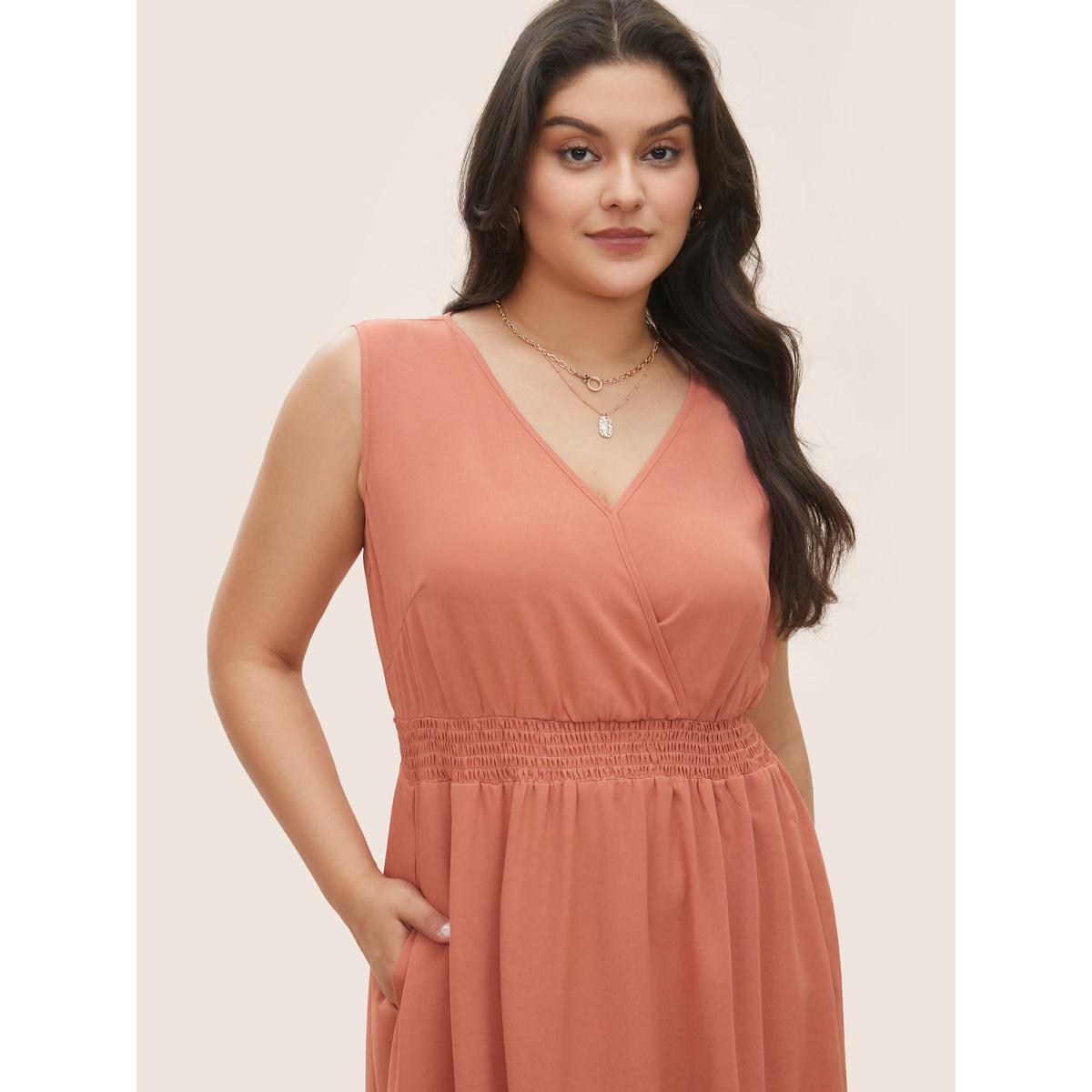 Plus Size Plain Laser Cut Shirred Wrap Tank Dress Coral Women Elegant Overlapping Overlap Collar Sleeveless Curvy Midi Dress BloomChic 18-20/2X Product Image