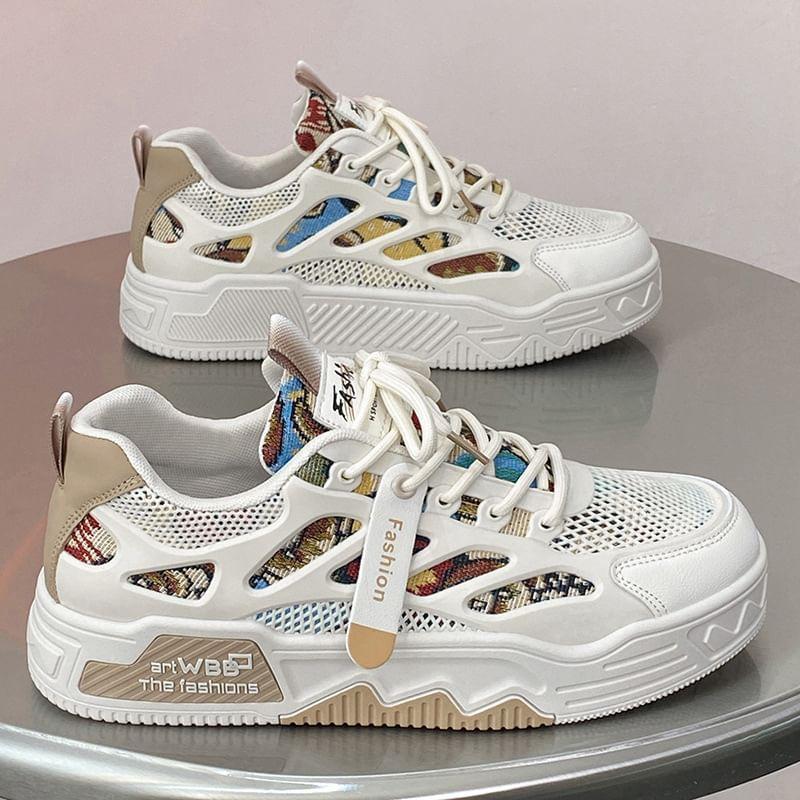 Platform Print Mesh Panel Lace-Up Sneakers Product Image
