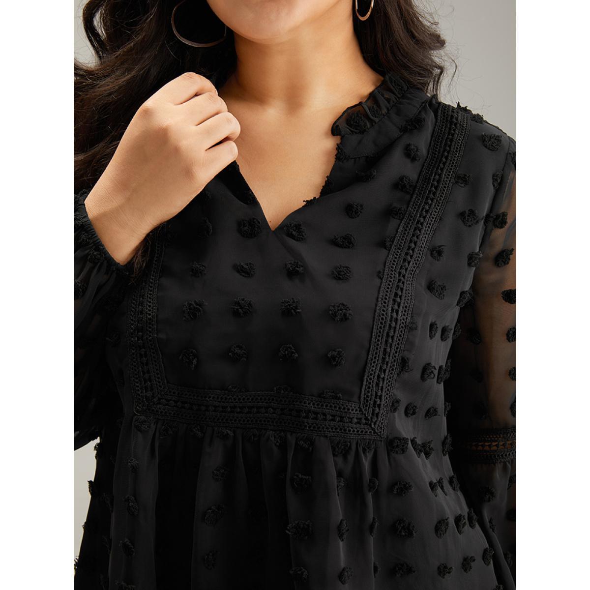 Plus Size Black Polka Dot Frill Trim Mesh Blouse Women Elegant Long Sleeve Notched collar Dailywear Blouses BloomChic 12/L Product Image
