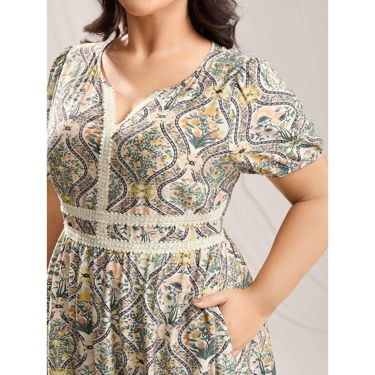 Plus Size Ornate Print Lace Neck Midi Dress Greenbean Women Notched collar Short sleeve Curvy BloomChic 28/5X Product Image