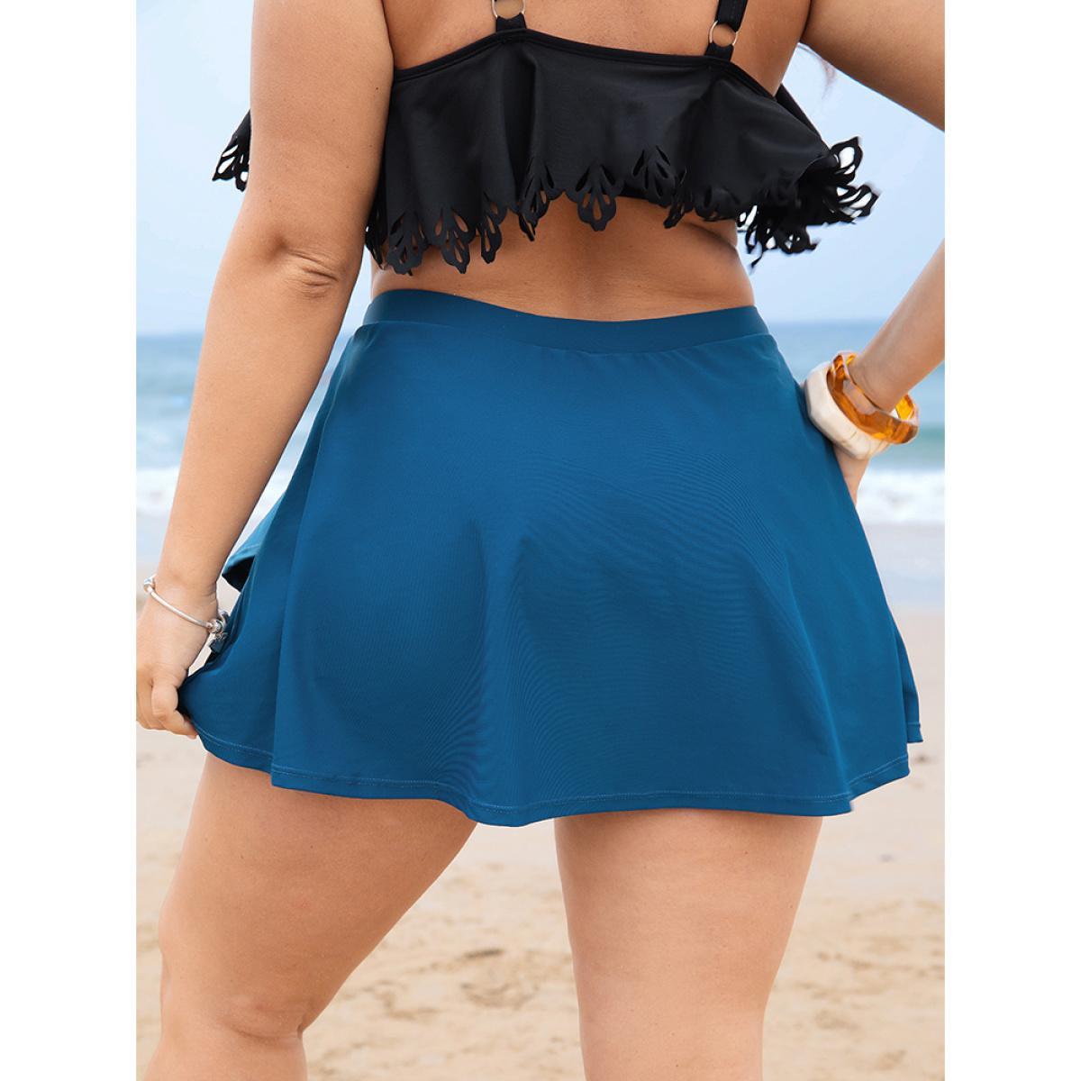 Plus Size Solid Ruffle Wrap Hem Swim Skirt Women's Swimwear Indigo Vacation A-line High stretch Bodycon High Rise Curve Swim Bottoms BloomChic 30/6X Product Image
