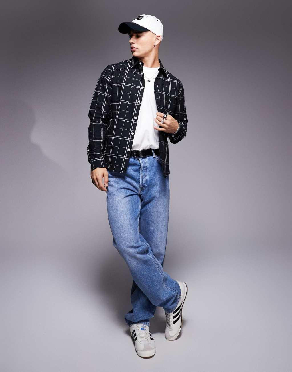 ASOS DESIGN slim stretch shirt with window pane plaid in black Product Image