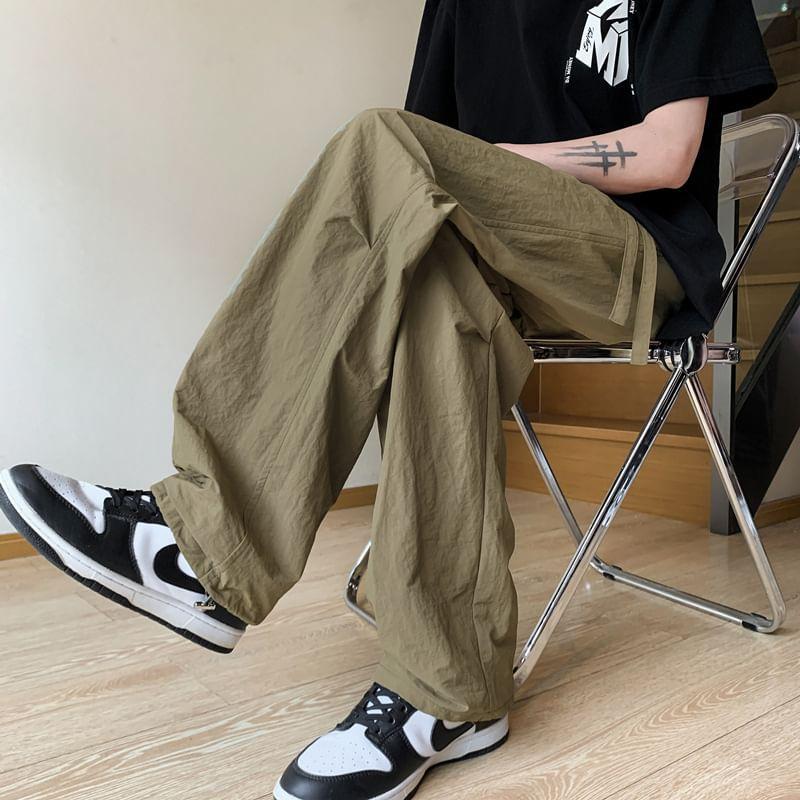 Drawstring Waist Plain Straight Leg Parachute Pants Product Image