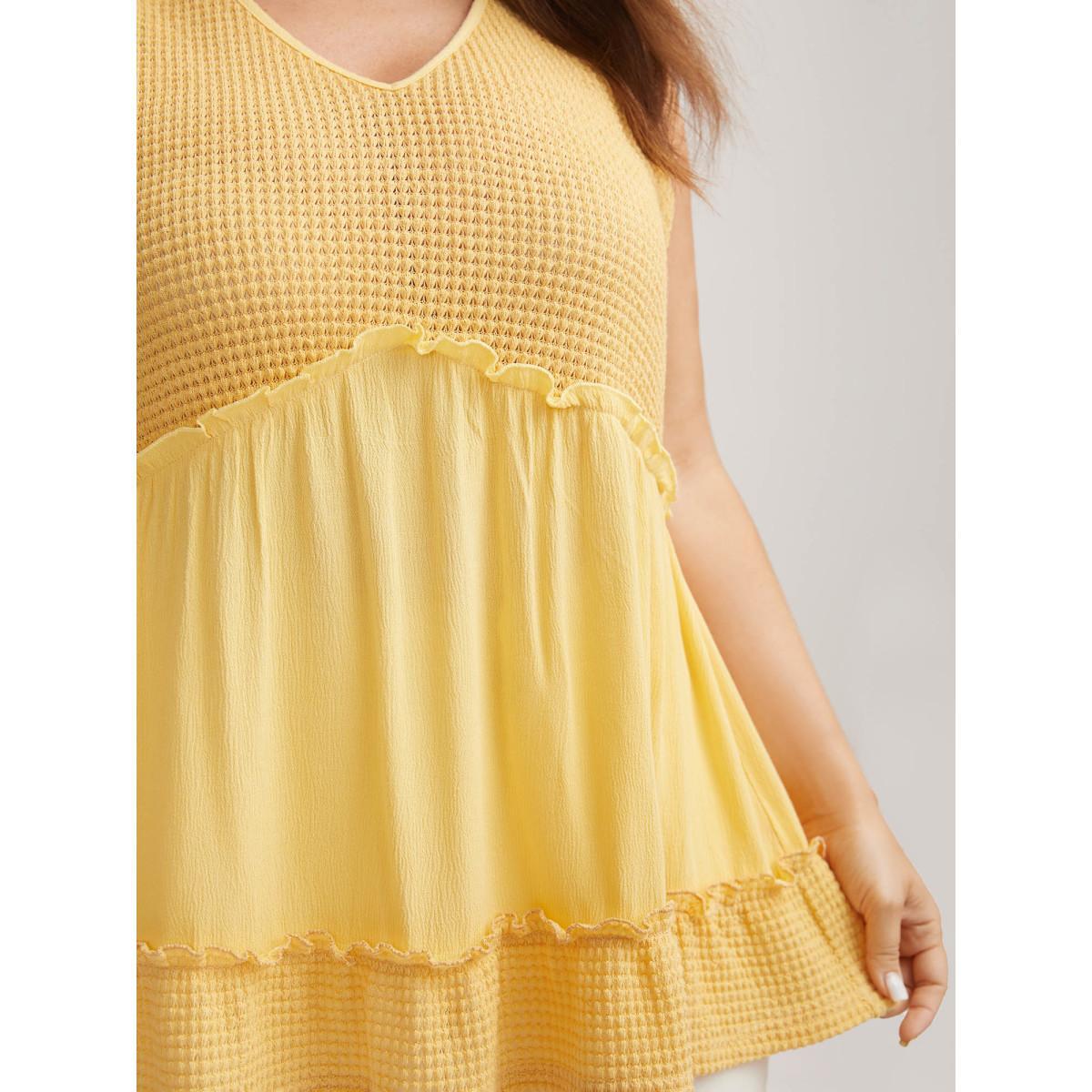 Plus Size Waffle Grid Spliced Ruffled Tank Top Women Lightyellow Texture V-neck Everyday-Casual Tank Tops Camis BloomChic 30/6X Product Image