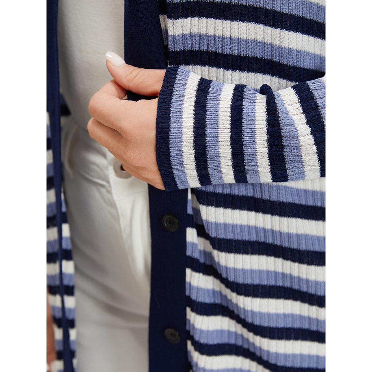 Plus Size Contrast Striped Rib Knit Button Through Cardigan Indigo Women Casual Loose Long Sleeve Dailywear Cardigans BloomChic 14-16/1X Product Image