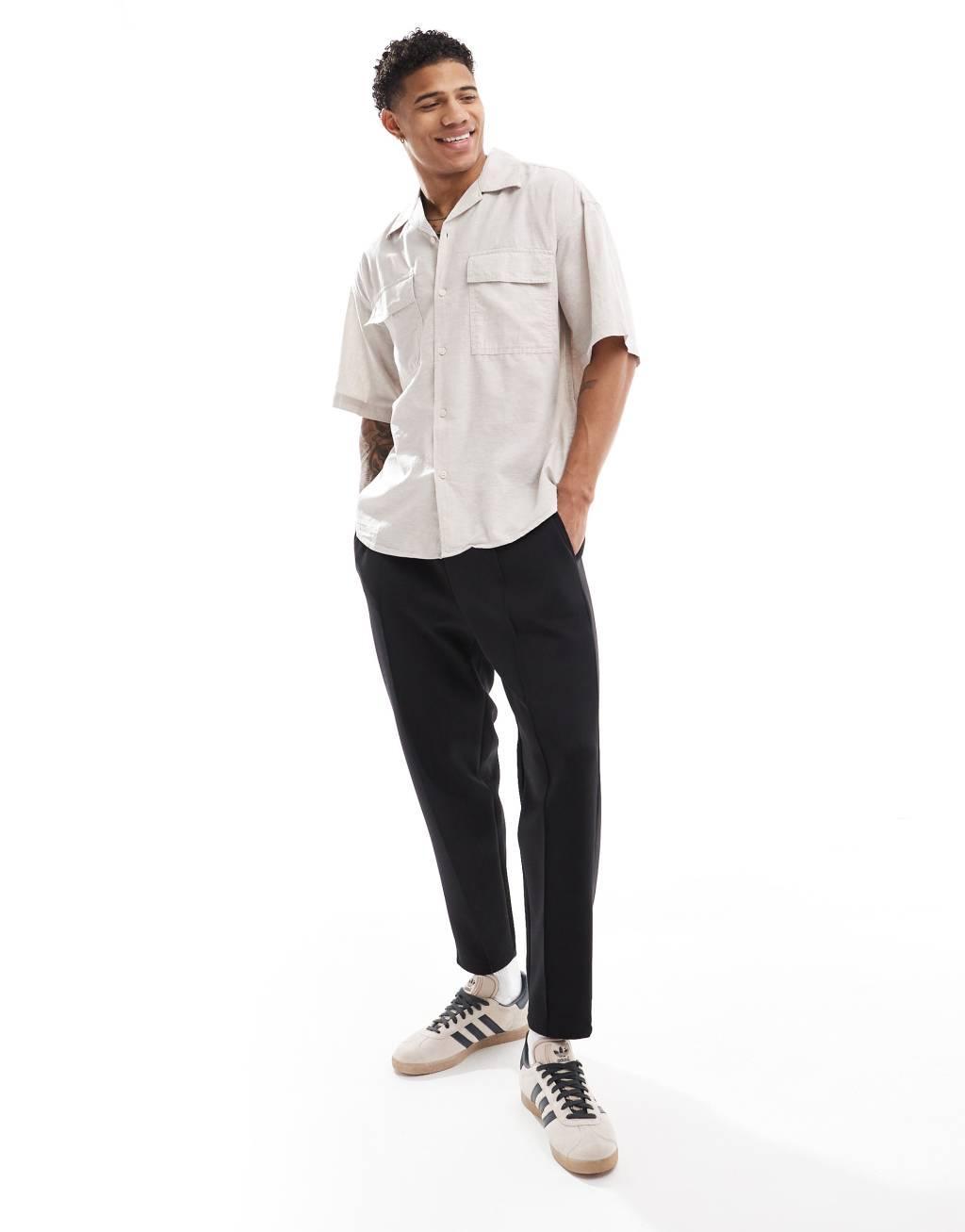 Jack & Jones oversized utility pocket linen shirt in beige Product Image