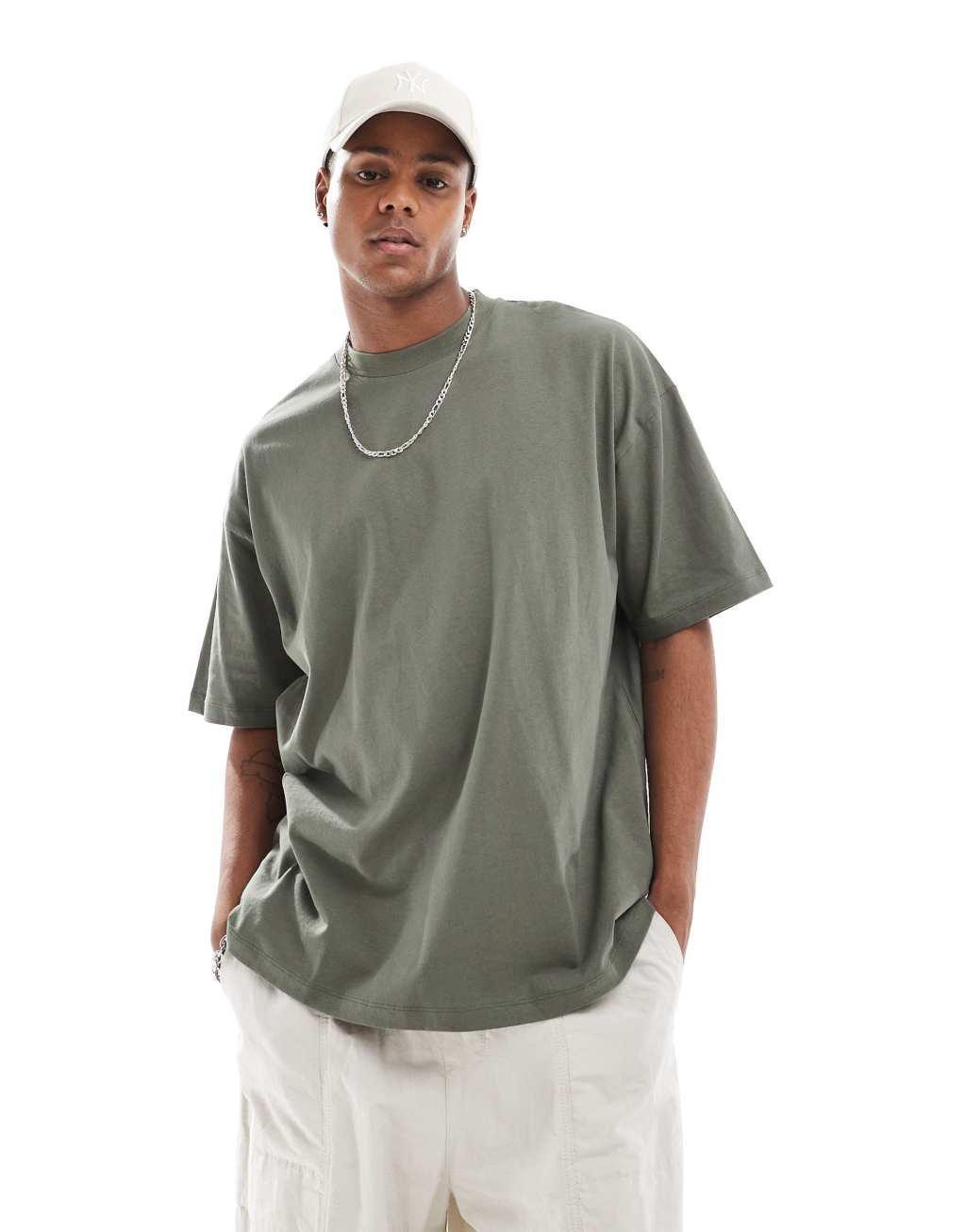 ASOS DESIGN oversized T-shirt with celestial back print in olive green Product Image