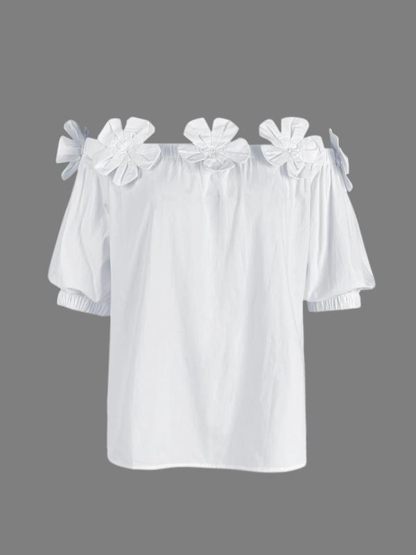 Loose Applique Solid Color Three-Dimensional Flower Off-The-Shoulder Blouses&Shirts Tops Product Image