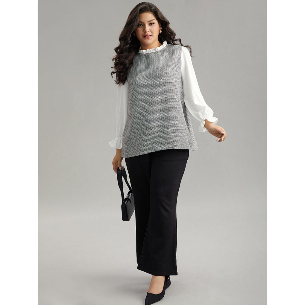 Plus Size White Gingham Ruffles Patchwork Frill Trim Blouse Women Office Long Sleeve Stand-up collar Work Blouses BloomChic 18-20/2X Product Image