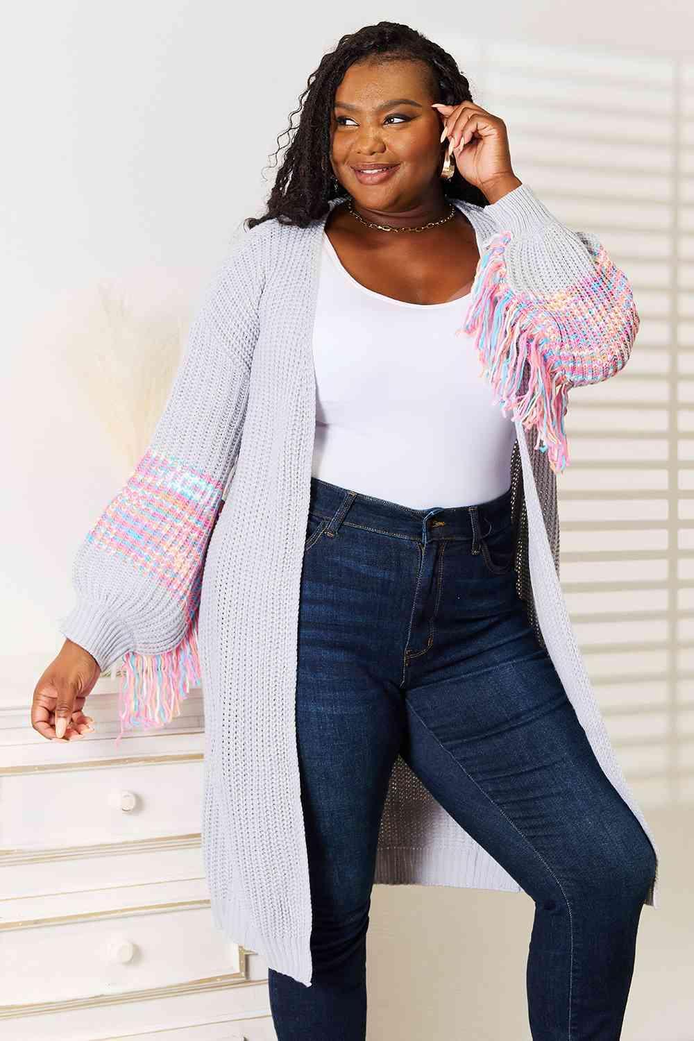 Woven Right Fringe Sleeve Dropped Shoulder Cardigan Product Image