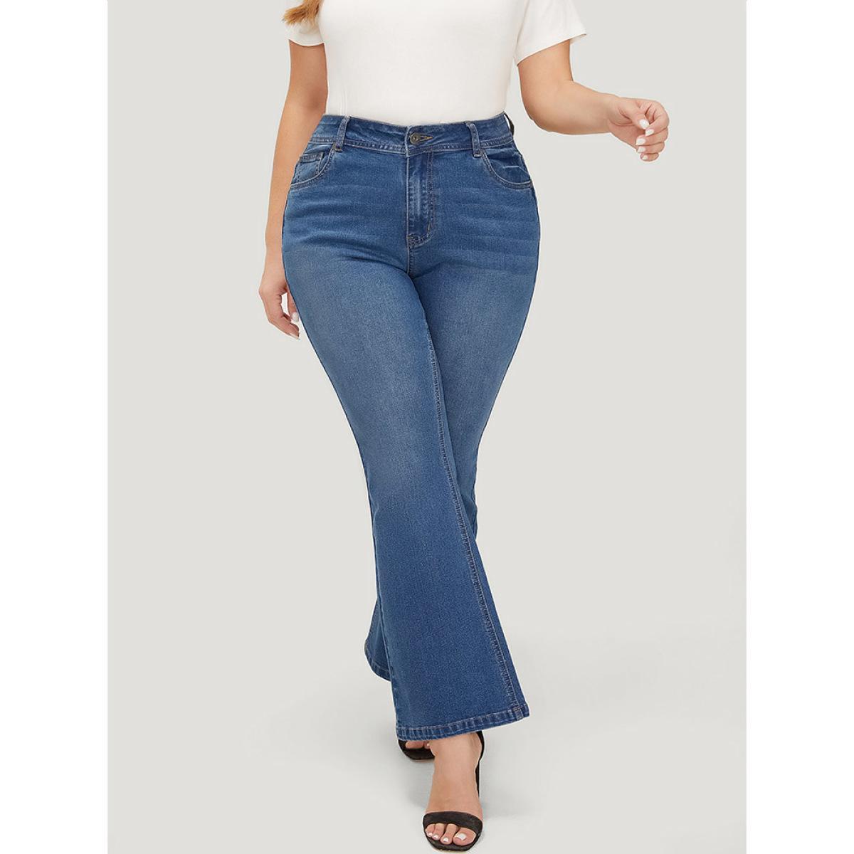 Plus Size Flare Leg Very Stretchy Medium Wash Jeans Women Blue Casual Plain High stretch Pocket Jeans BloomChic 30/6X Product Image