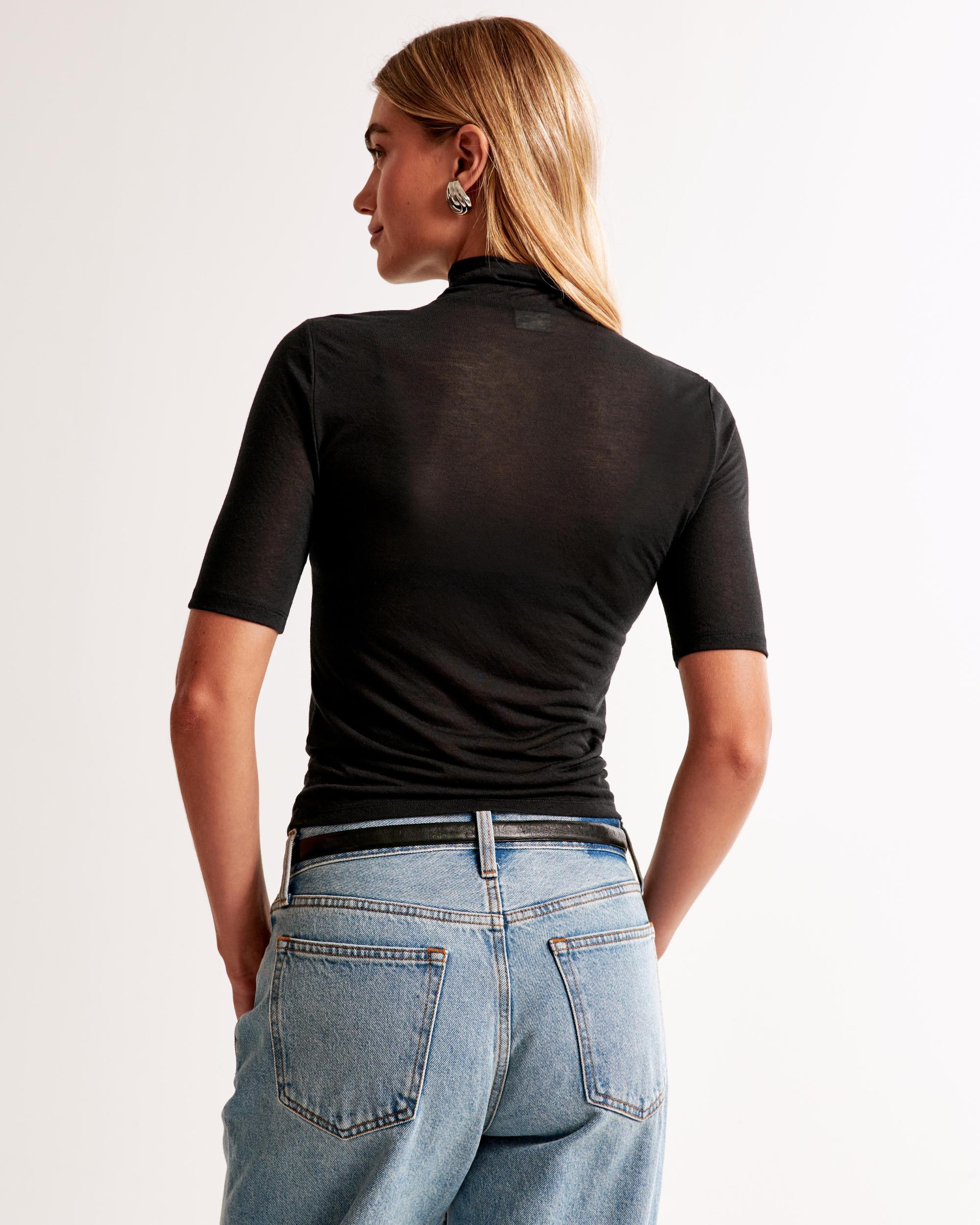 Half-Sleeve Sheer Jersey Mockneck Top Product Image