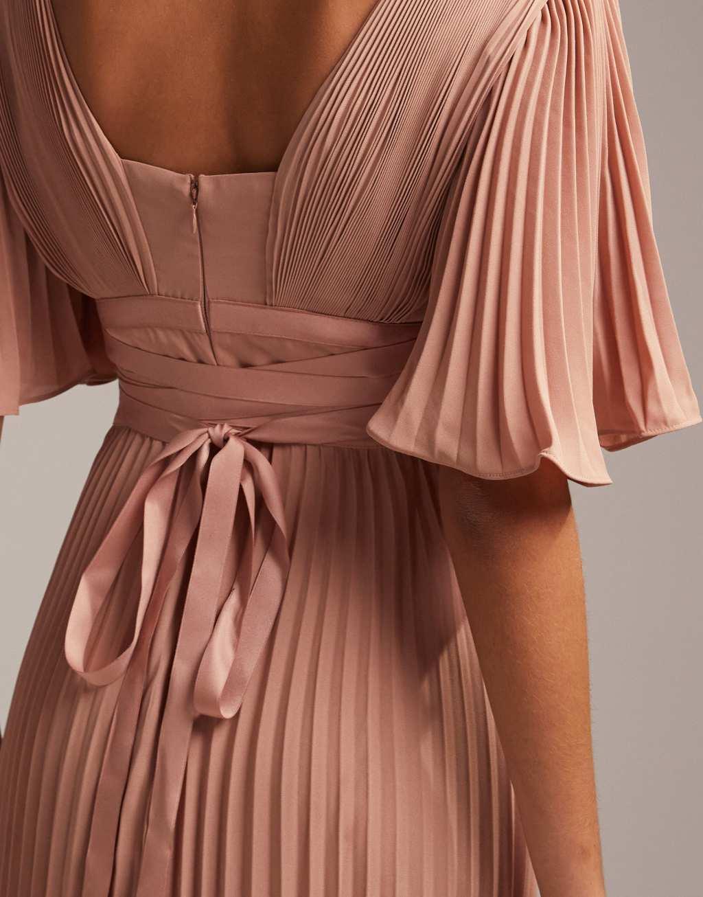 ASOS DESIGN Bridesmaid pleated flutter sleeve maxi dress with satin wrap waist Product Image