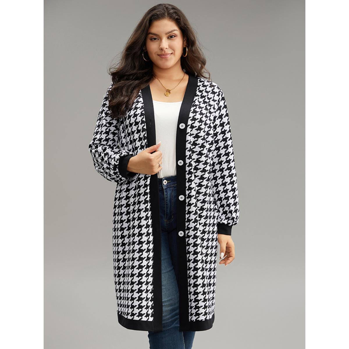 Plus Size Houndstooth Button Through Contrast Trim Jacket Women Black Contrast Dailywear Jackets BloomChic 18-20/2X Product Image