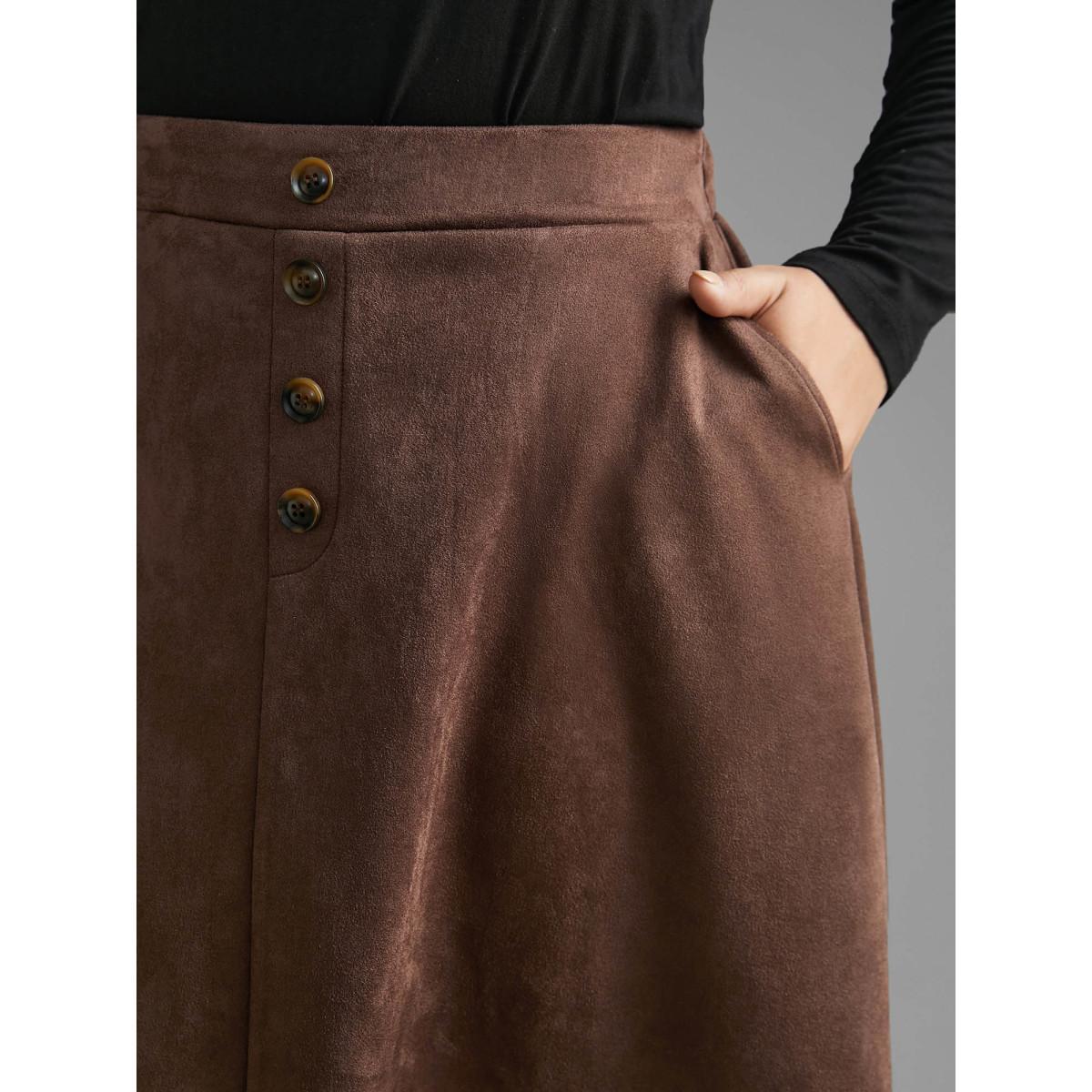 Plus Size Faux Suede Button Detail Pocket Skirt Women DarkBrown Elegant Button Loose Low stretch Slanted pocket Everyday Skirts BloomChic 12/L Product Image