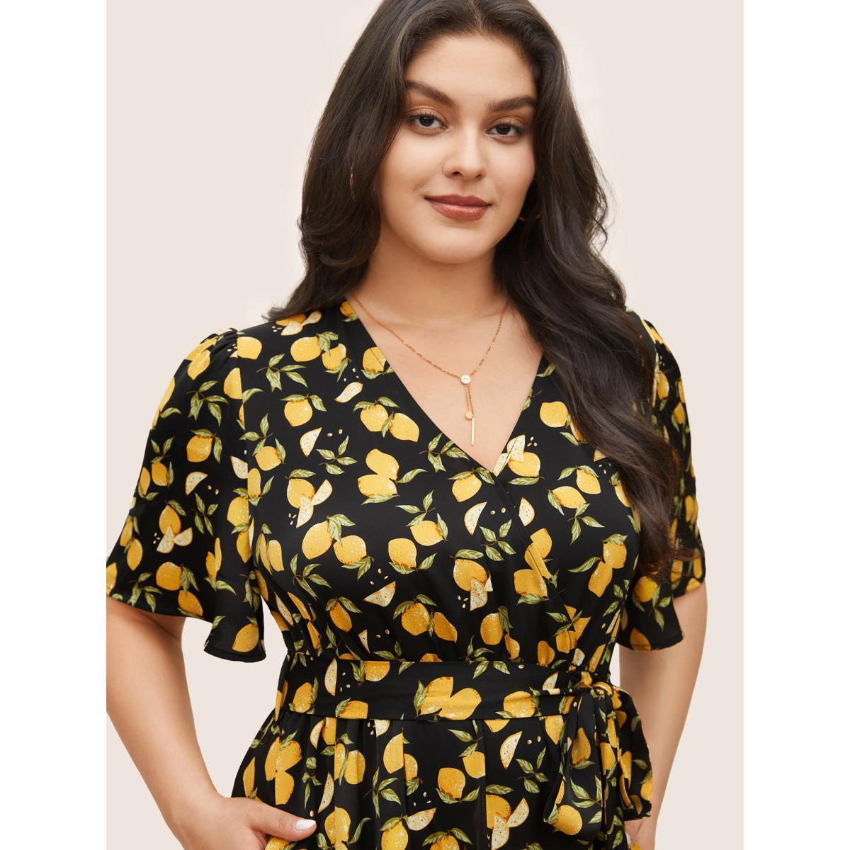 Plus Size Citrus Lemons Print Belted Surplice Neck Split Side Dress BlackFlower Women Elegant Non Overlap Collar Short sleeve Curvy Midi Dress BloomChic 18-20/2X Product Image