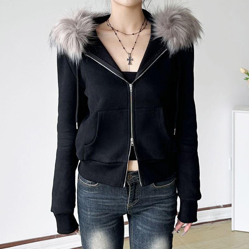 Faux Fur Hooded Zip-Up Jacket Product Image