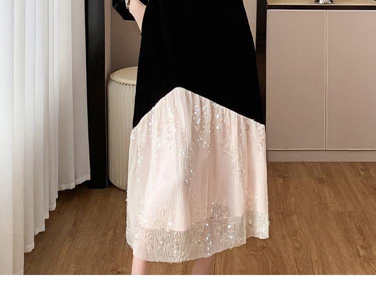 Long-Sleeve Crewneck Velvet Midi A-Line Dress Product Image