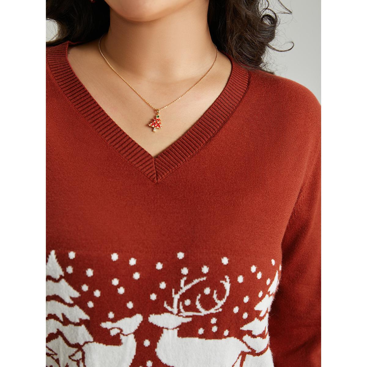 Plus Size Anti-Pilling Christmas Trees & Elk Print Pullover Rust Women Casual Loose Long Sleeve V-neck Festival-Christmas Pullovers BloomChic 30/6X Product Image