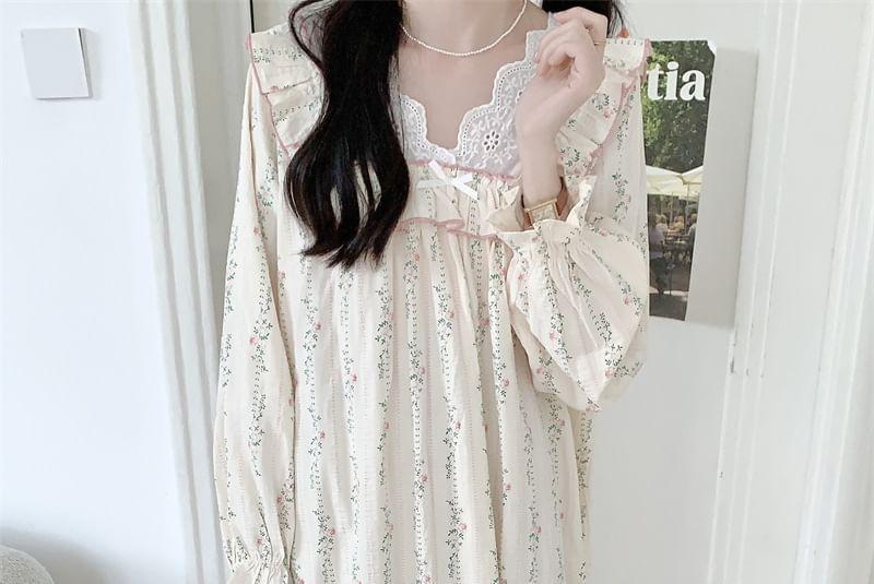 Long-Sleeve Floral Print Ruffle Pajama Dress Product Image