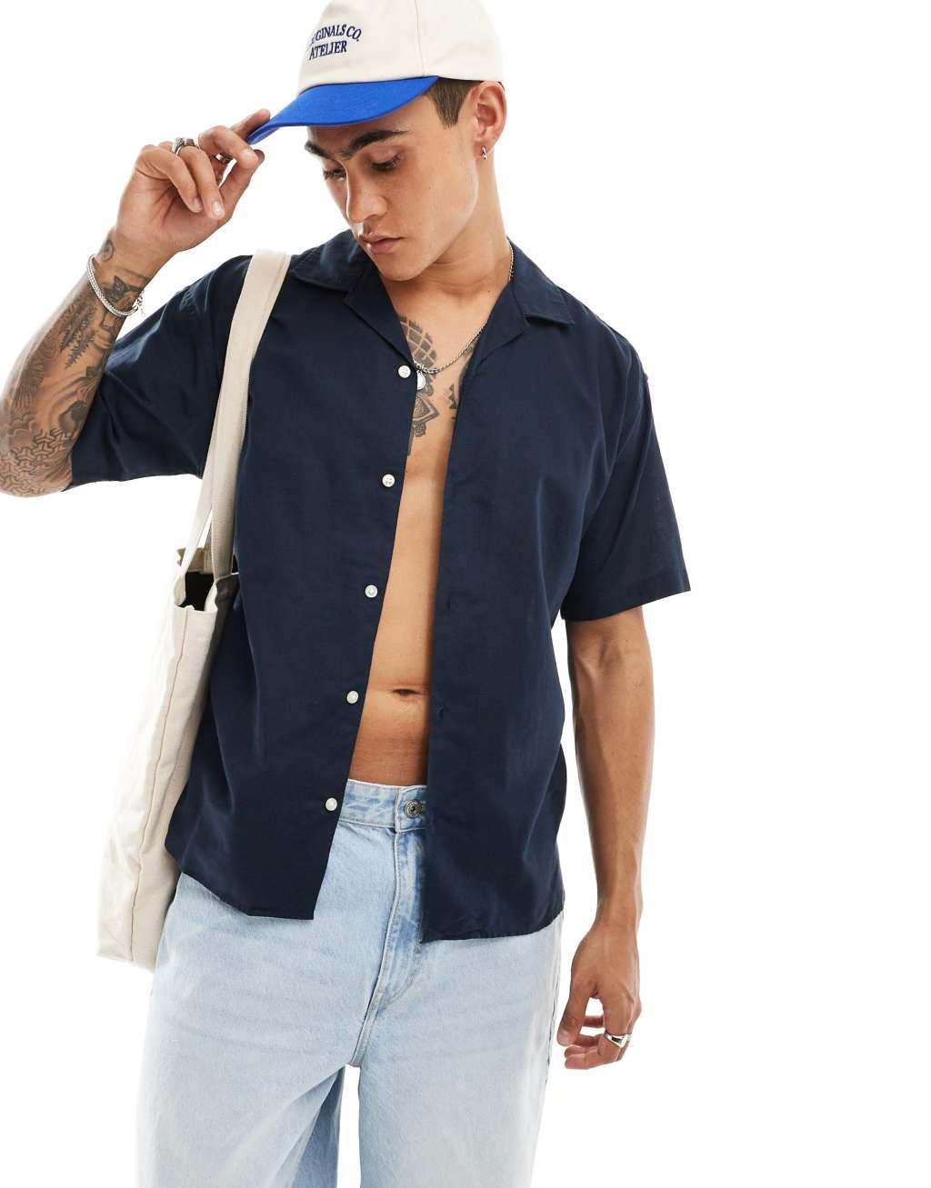 Jack & Jones linen mix shirt with revere collar in navy Product Image