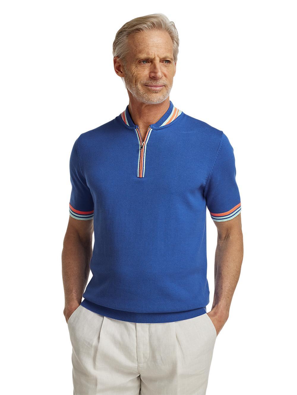 Cotton Quarter Zip Crew Neck Sweater - Blue Product Image