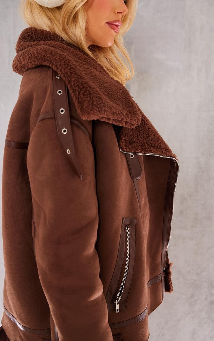 Chocolate Faux Suede PU Bonded Aviator Jacket Product Image