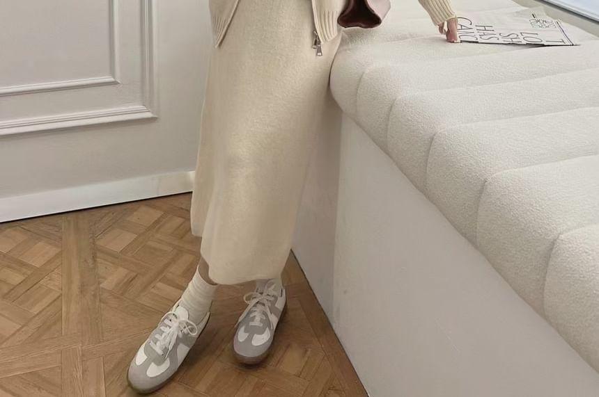 Set: Plain Zip-Up Knit Hoodie + High Rise Slit Midi Straight Skirt Product Image