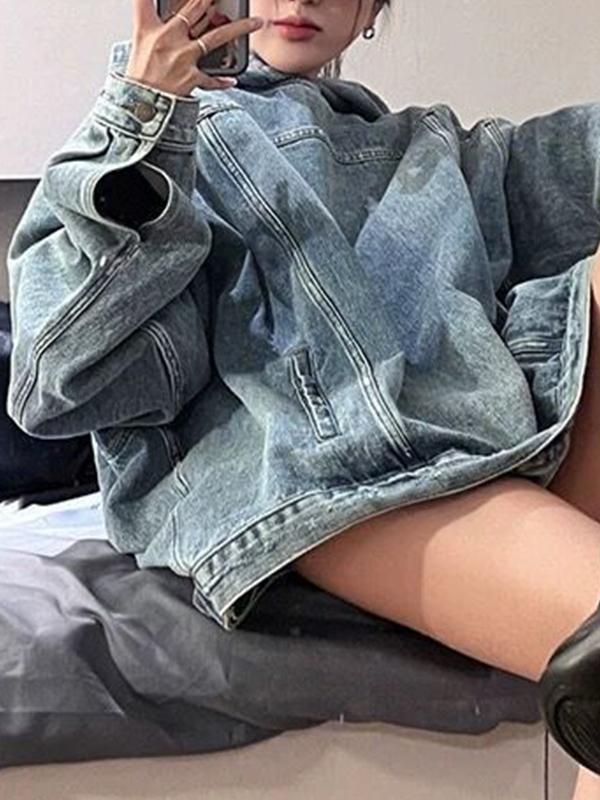 Faux Denim Hooded Loose Sweatshirt Product Image