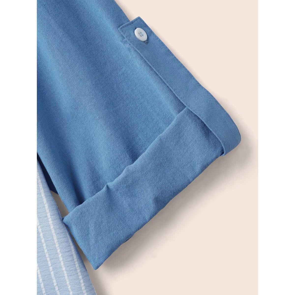 Plus Size Striped Patchwork Contrast Tab Sleeve Dress Skyblue Women Work From Home Patchwork Shirt collar Long Sleeve Curvy BloomChic 10/M Product Image