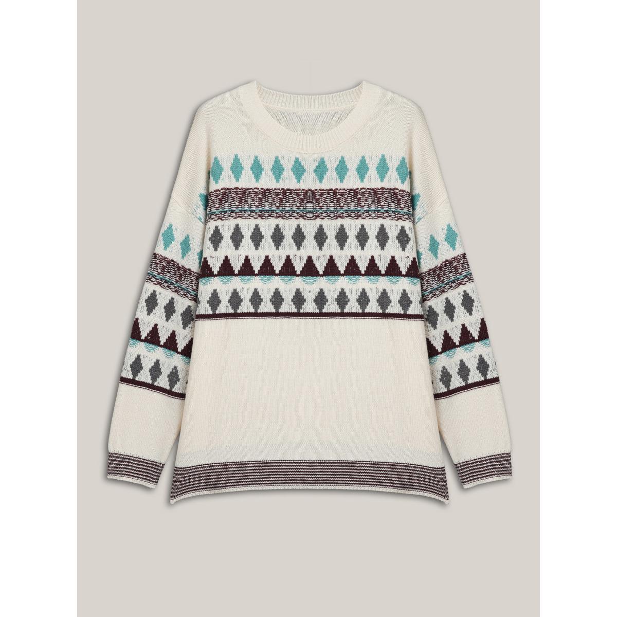 Plus Size Color-Collision Textured Knit Pullover Ivory Women Casual Loose Long Sleeve Everyday Cardigans BloomChic 26/4X Product Image