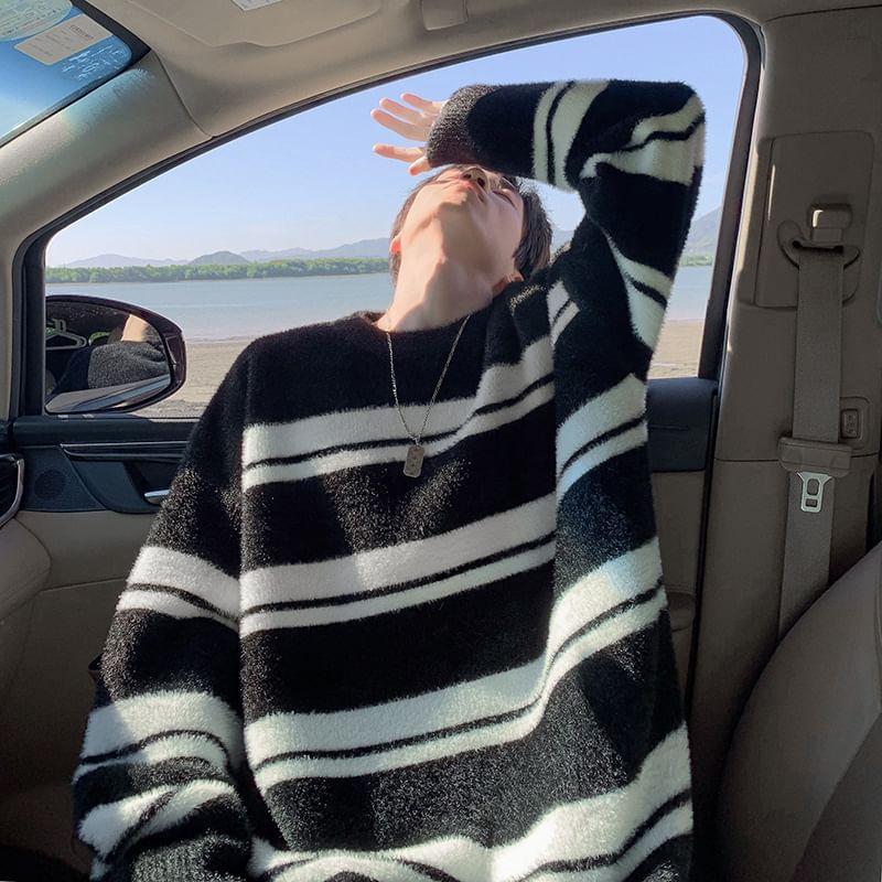 Long-Sleeve Crew Neck Striped Sweater Product Image