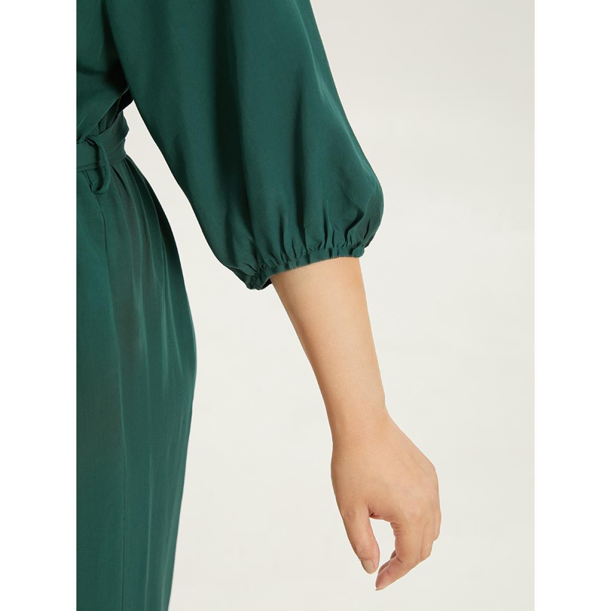 Plus Size Cyan Plain Notched Belted Gathered Lantern Sleeve Jumpsuit Women Casual Elbow-length sleeve Notched collar Dailywear Loose Jumpsuits BloomChic 12/L Product Image