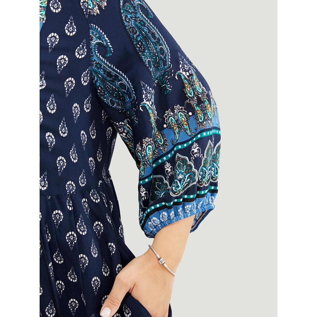 Plus Size Bandana Print Ruffles Lantern Sleeve Pocket Tassels Tie Neck Dress Indigo Women Vacation Tassels Tie Neck Elbow-length sleeve Curvy Midi Dress BloomChic 26/4X Product Image