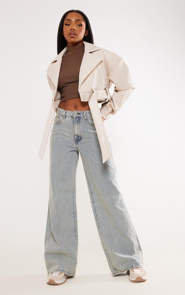Stone Oversized Belted Hem Cropped Biker Jacket Product Image