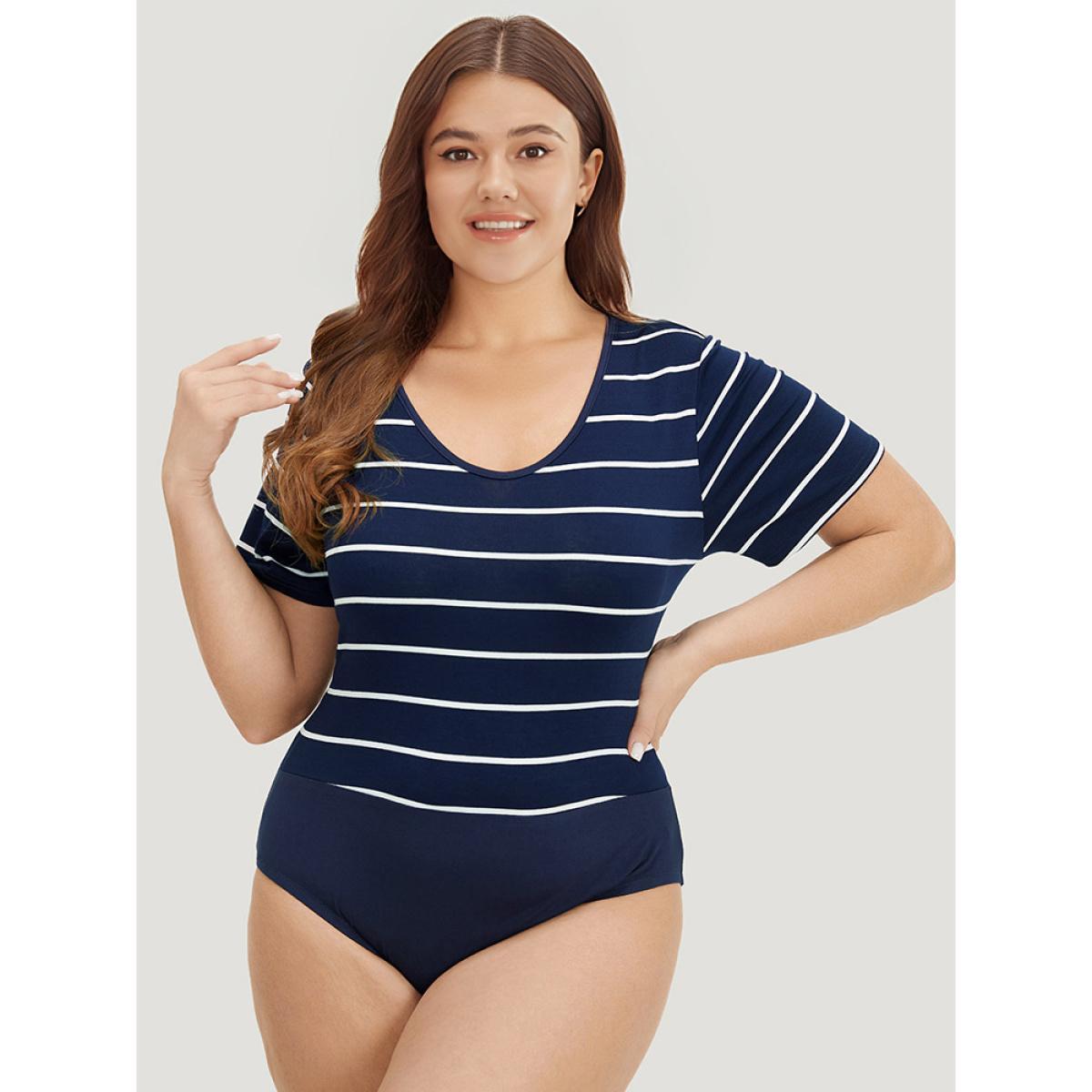 Plus Size Striped Contrast Patchwork Crew Neck Bodysuit Women Midnight Striped Bodysuits BloomChic 14-16/1X Product Image