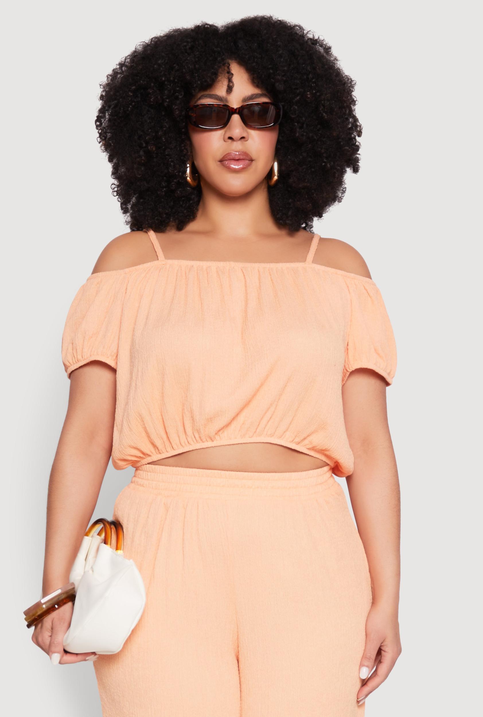 Womens Plus Size Almost Famous Textured Knit Cold Shoulder Crop Top Product Image