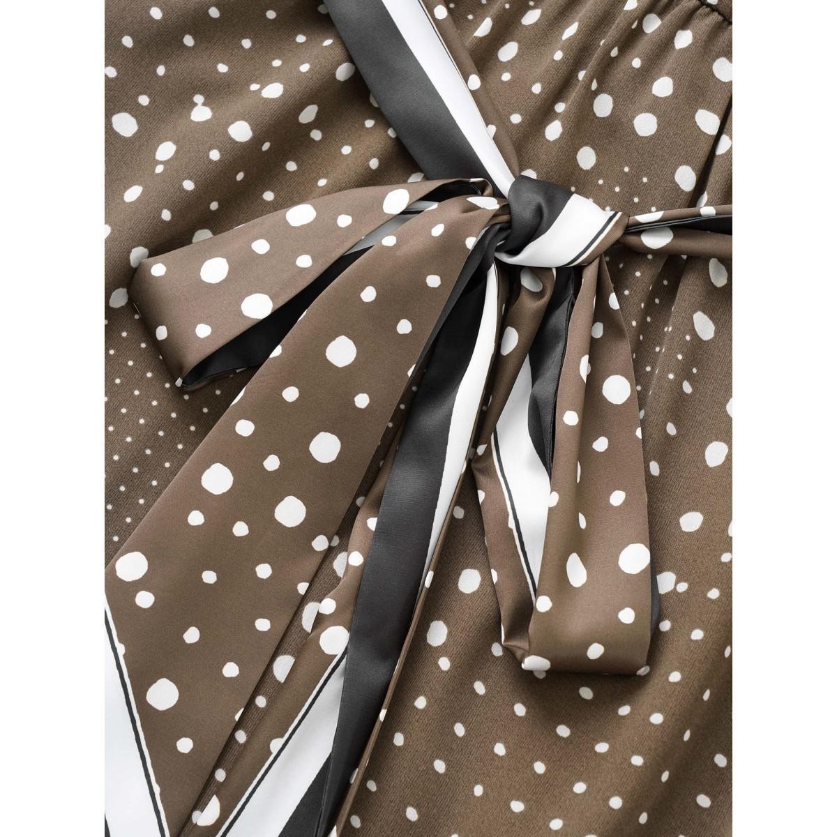 Plus Size Polka Dot Scarf Belted Keyhole Lantern Sleeve Dress DarkBrown Women At the Office Non Round Neck Long Sleeve Curvy Midi Dress BloomChic 10/M Product Image