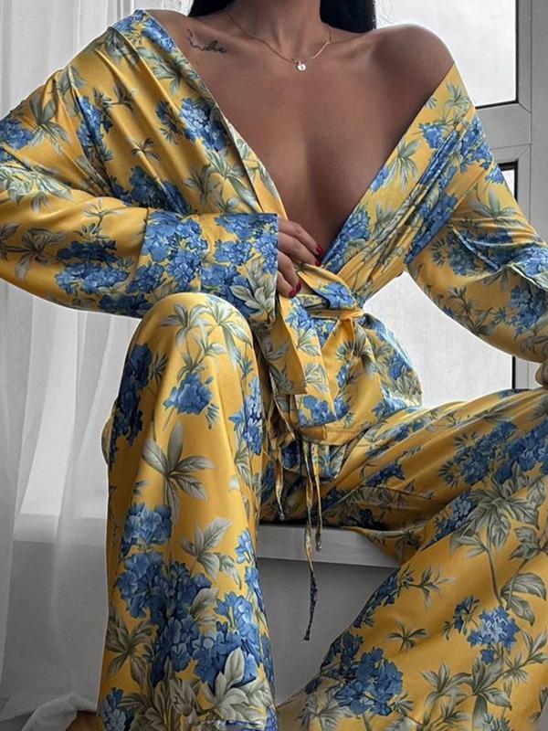 Loose Printed Split-Joint Deep V-Neck Lace-Up Blouse + Drawstring Elasticity Pants Trousers Two Pieces Set Product Image