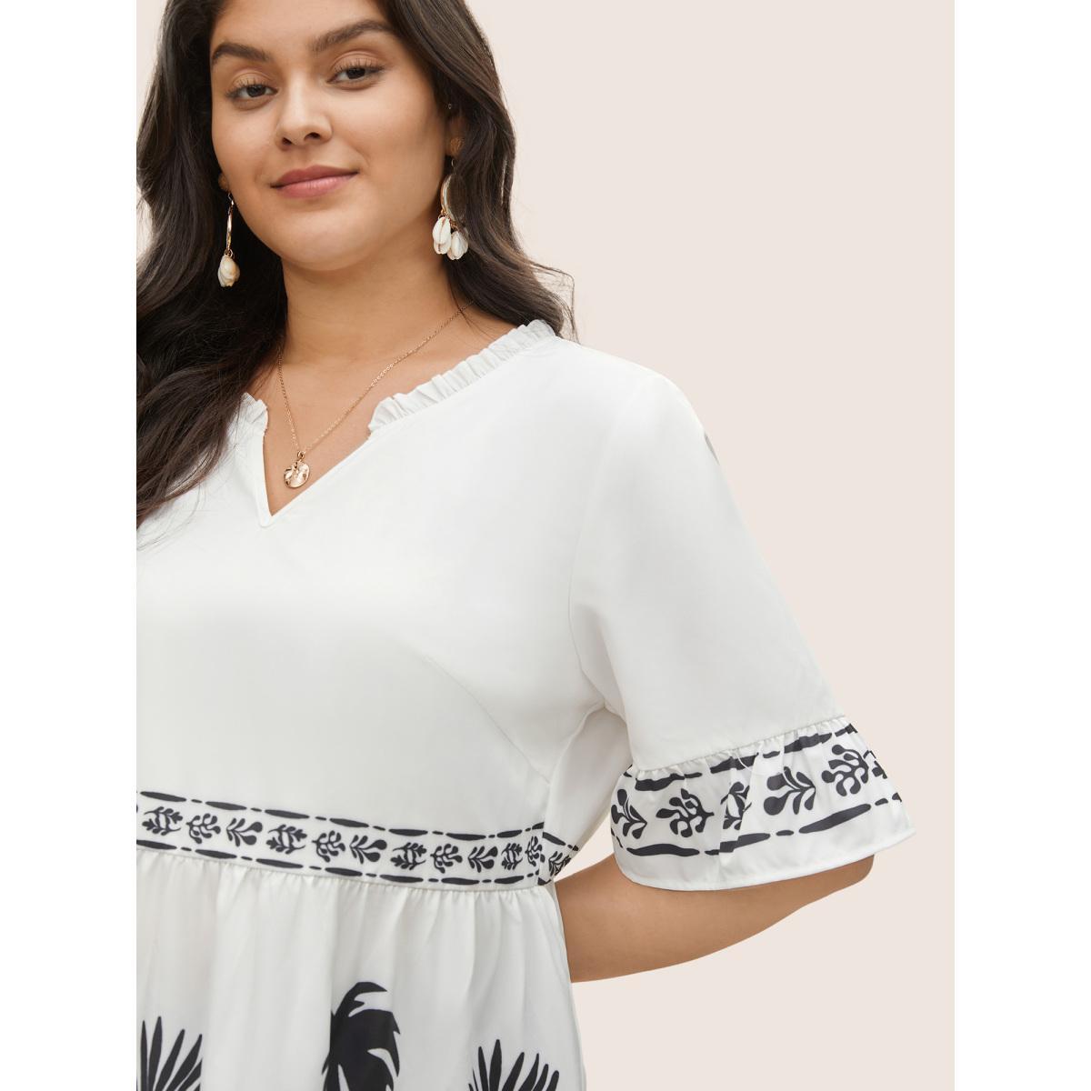 Plus Size White Silhouette Floral Print Frill Trim Gathered Blouse Women Resort Half Sleeve V-neck Vacation Blouses BloomChic 30/6X Product Image