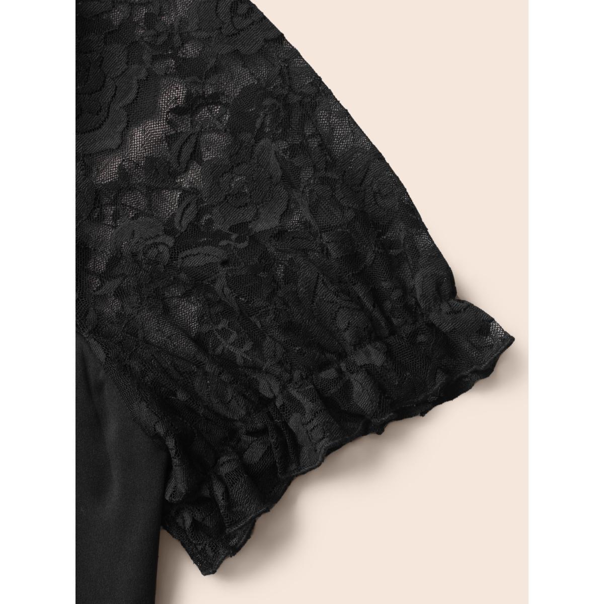 Plus Size Black Lace Tie Cutout Neck Mesh Blouse Women Elegant Short sleeve Round Neck Everyday Blouses BloomChic 22-24/3X Product Image