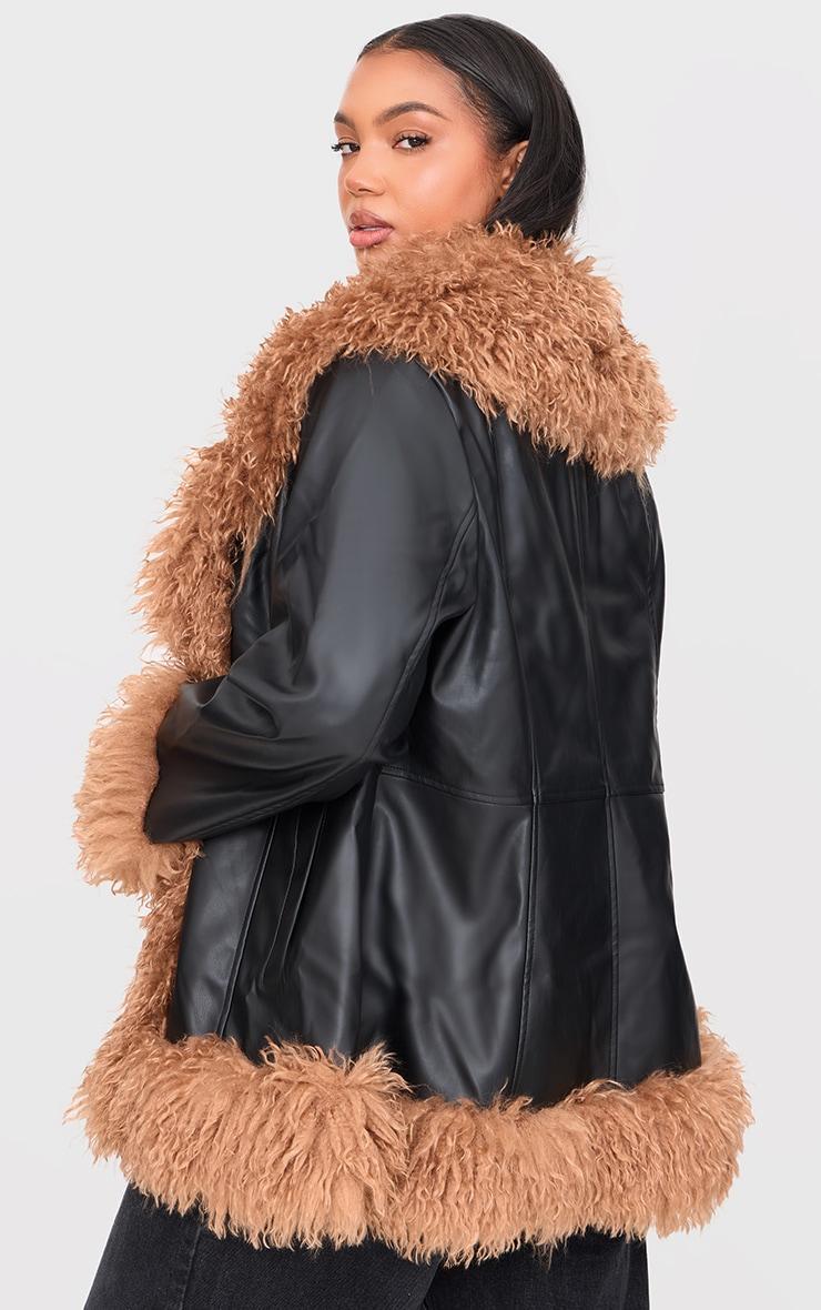 Plus Black Faux Mongolian Fur Trim Faux Leather Jacket Product Image