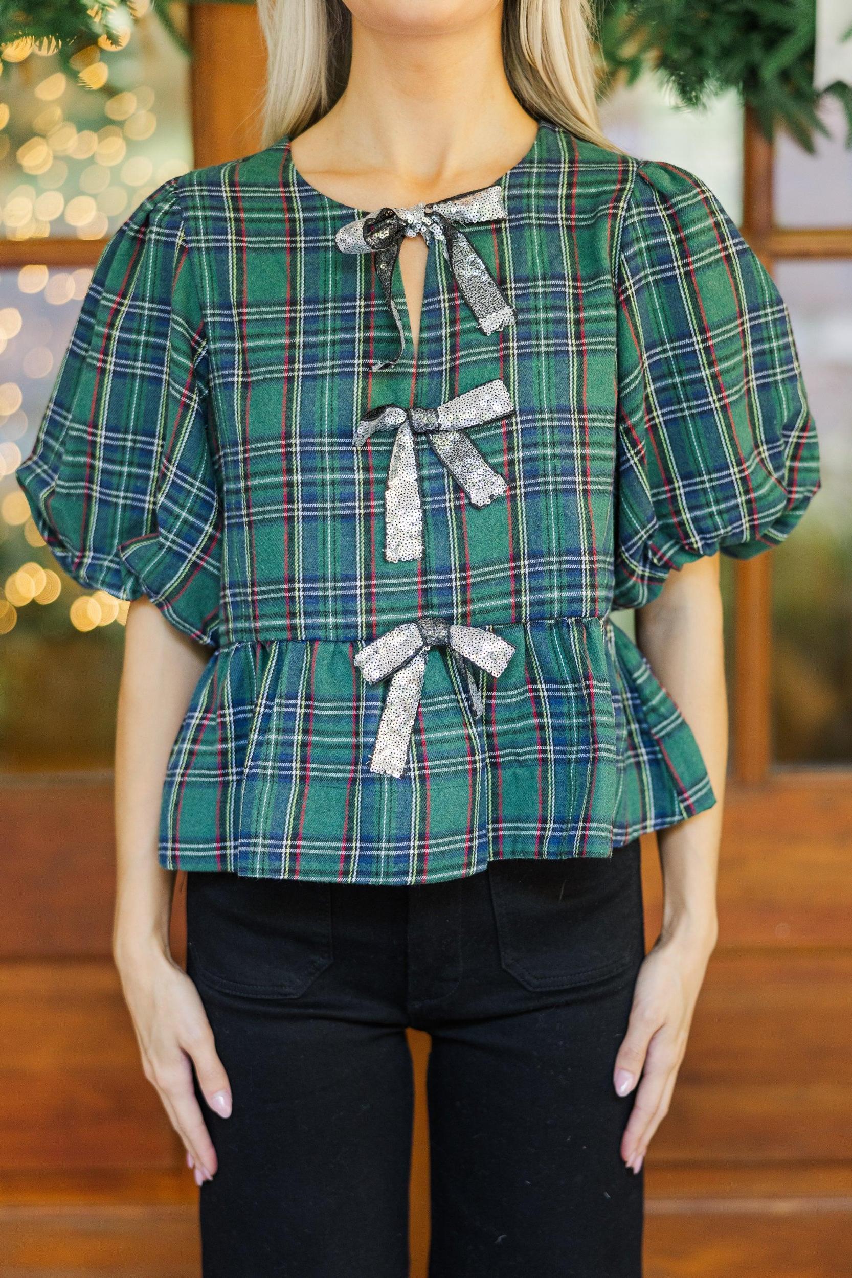 Believe In Joy Emerald Green Plaid Blouse Female Product Image
