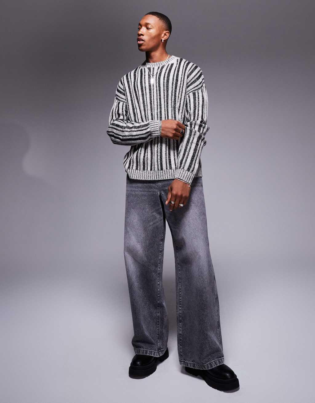 ASOS DESIGN relaxed knit sweater with ribbed stripe in gray Product Image