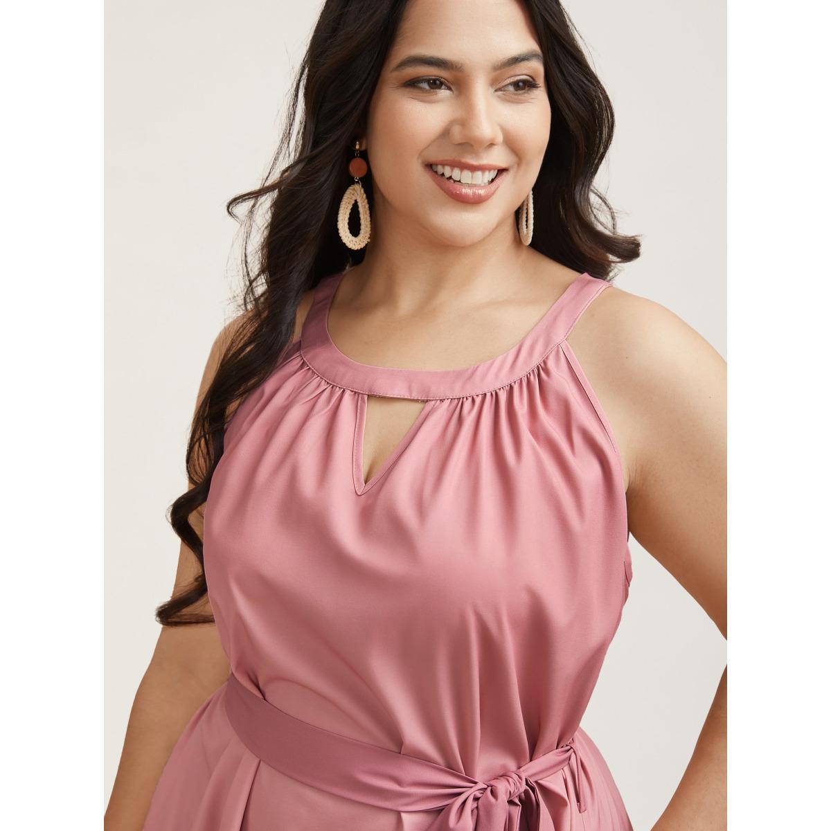 Plus Size Ombre Gradient Waist-Tie Pockets Midi Dress Plum Women Resort Gathered Round Neck Sleeveless Curvy BloomChic 18-20/2X Product Image