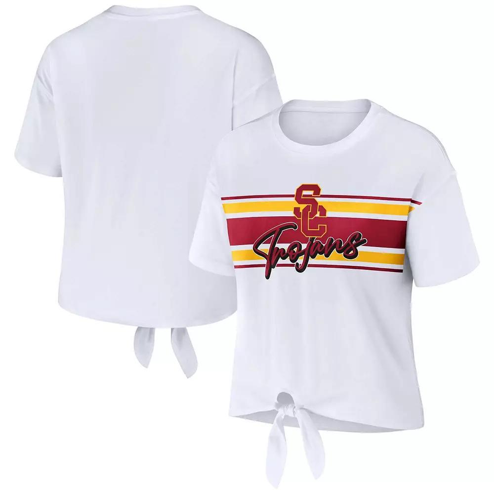 Women's WEAR by Erin Andrews White USC Trojans Striped Front Knot Cropped T-Shirt, Size: Medium Product Image