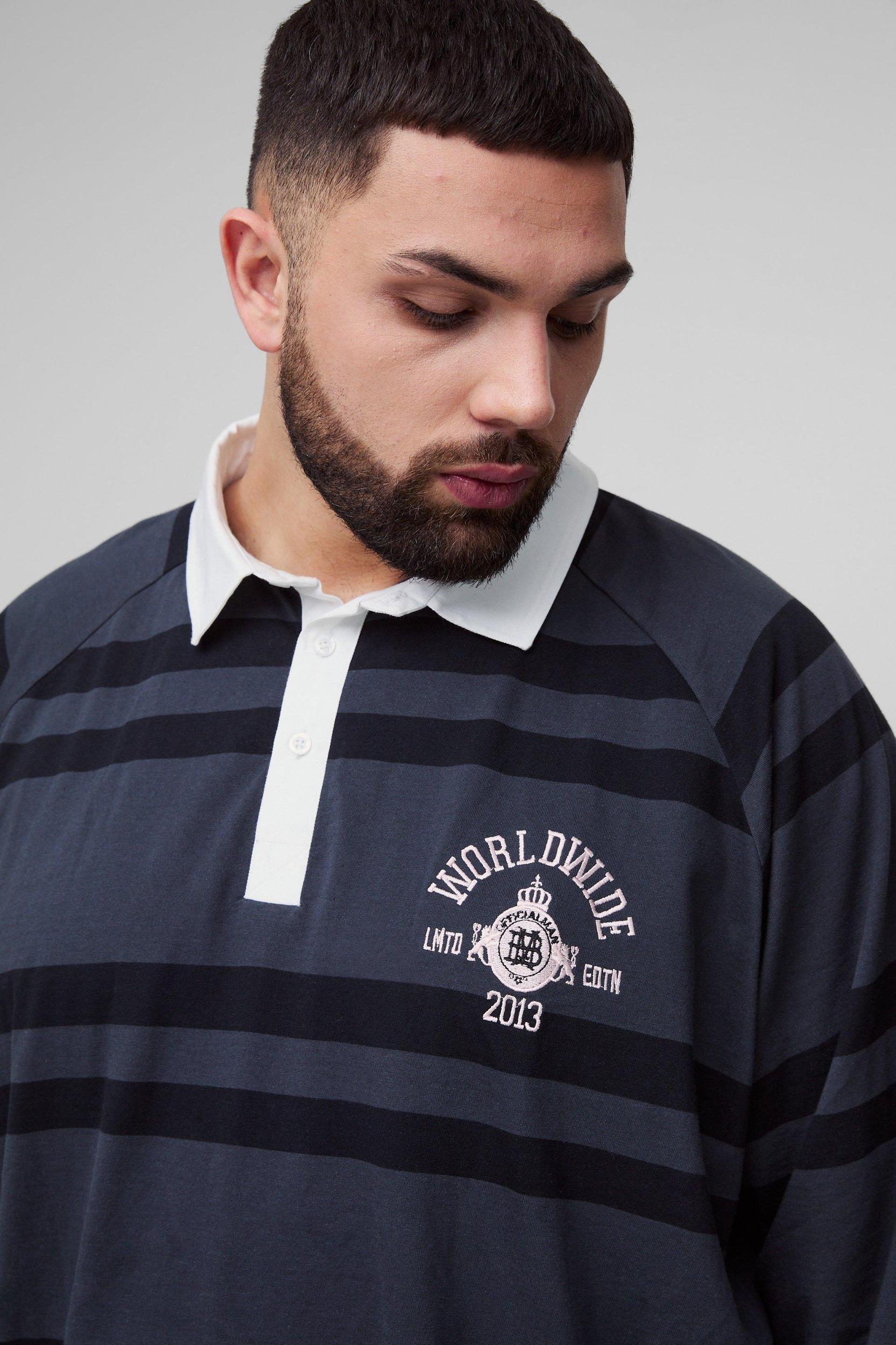 Plus Oversized Raglan Embroidered Rugby Shirt | boohooMAN USA Product Image